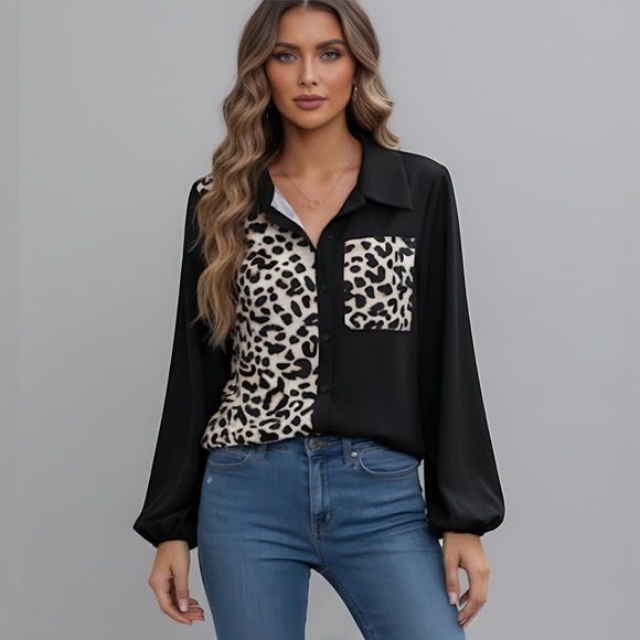 Black Leopard Print Lantern Sleeve Blouse - Picture 1 of 9
